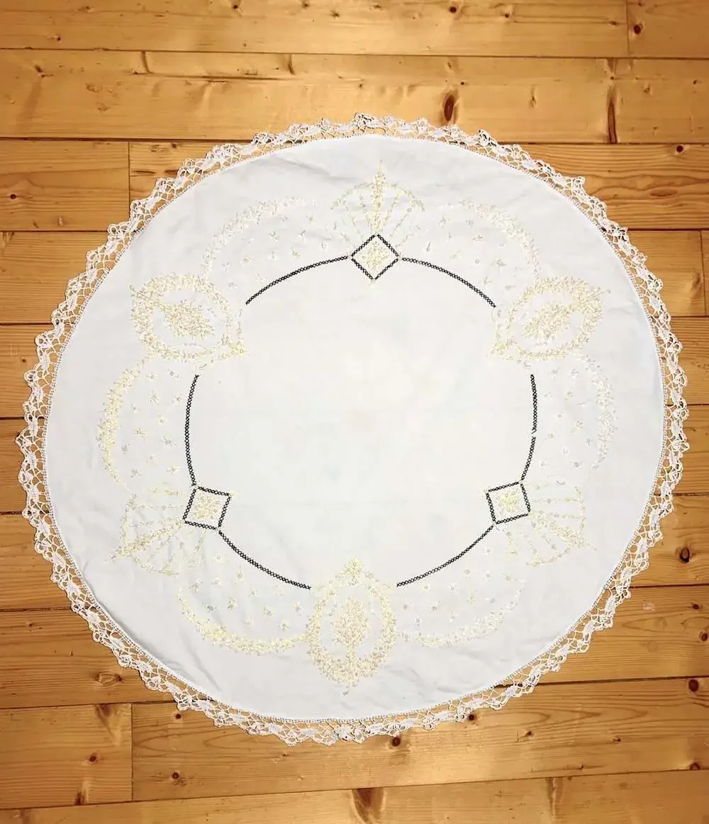 Embroidered Crochet Round  small table cloth vintage handmade beige yellow pink